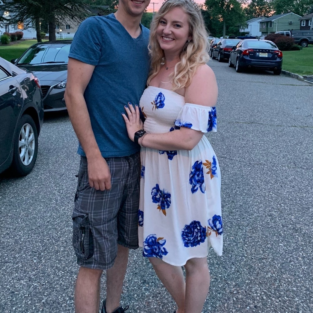 Floral Off-Shoulder Dress with Blue and White Design